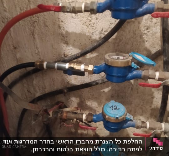 מד מים כחול עם ברזים אדומים וצינורות